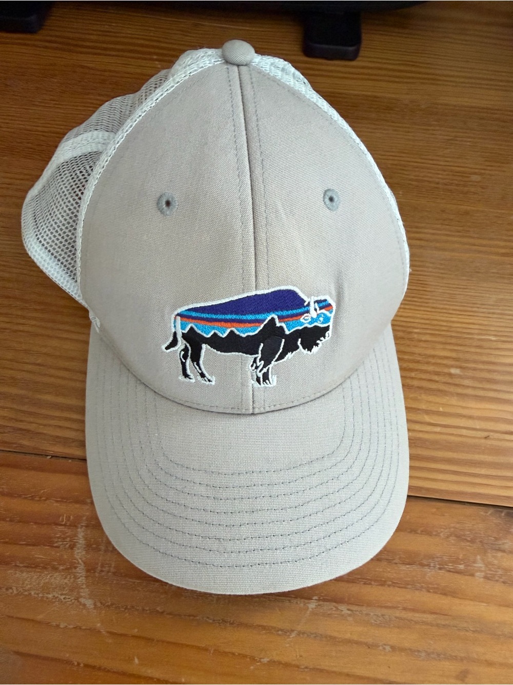 Tan Mesh-Back Patagonia Trucker Hat with Buffalo Patch